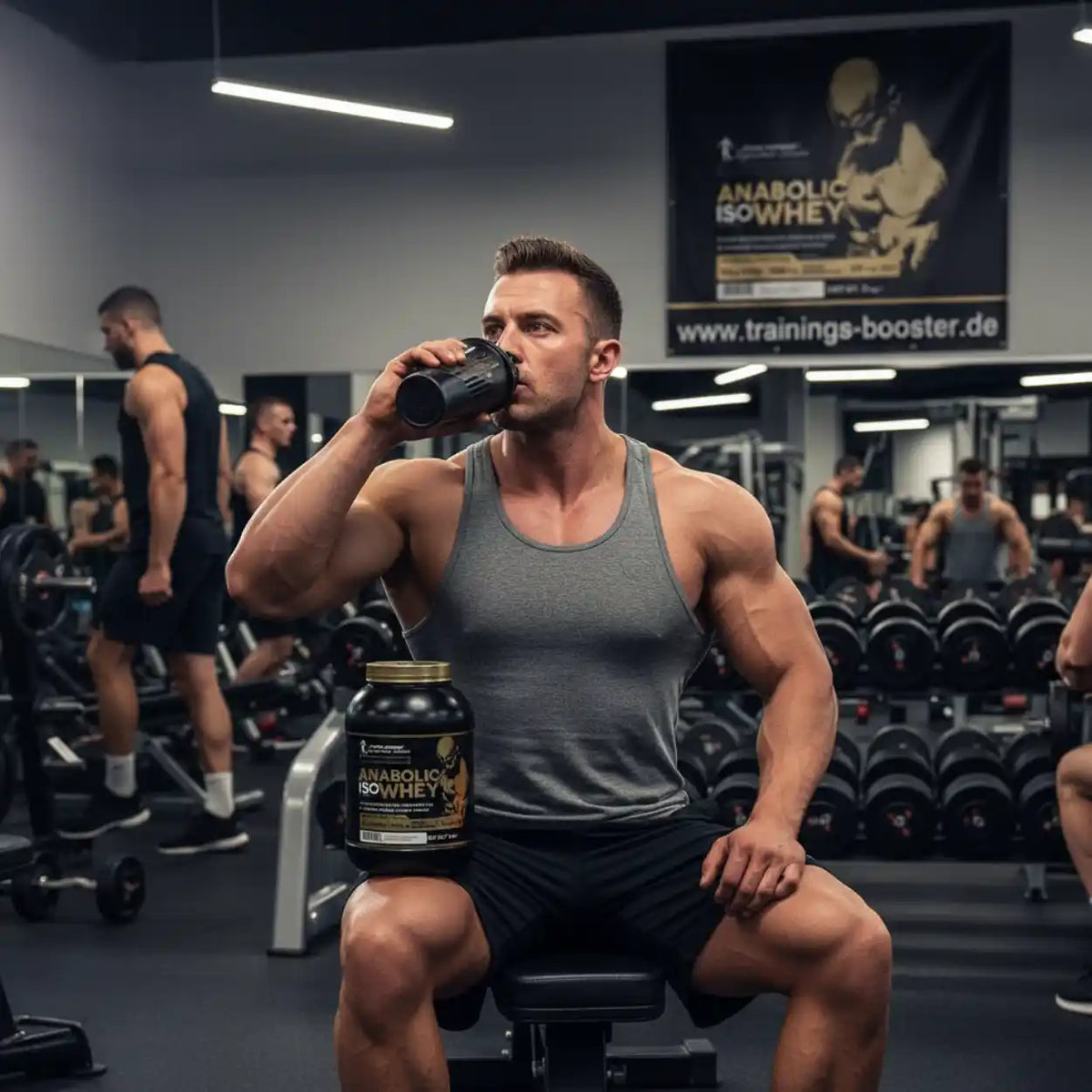 Muskulöser Mann trinkt Proteinshake im Fitnessstudio mit Anabolic Isowhey Supplement.