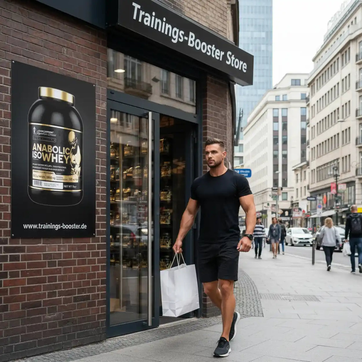 Muskulöser Mann mit Einkaufstasche vor dem Trainings-Booster Store in der Stadt.