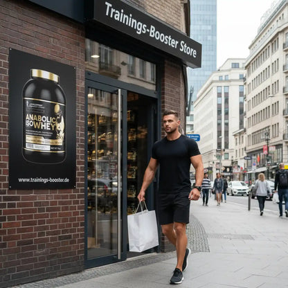 Muskulöser Mann mit Einkaufstasche vor dem Trainings-Booster Store in der Stadt.