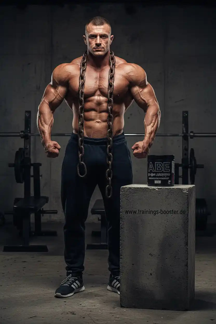 Muskulöser Mann mit Ketten und Sportnahrung im Fitnessstudio