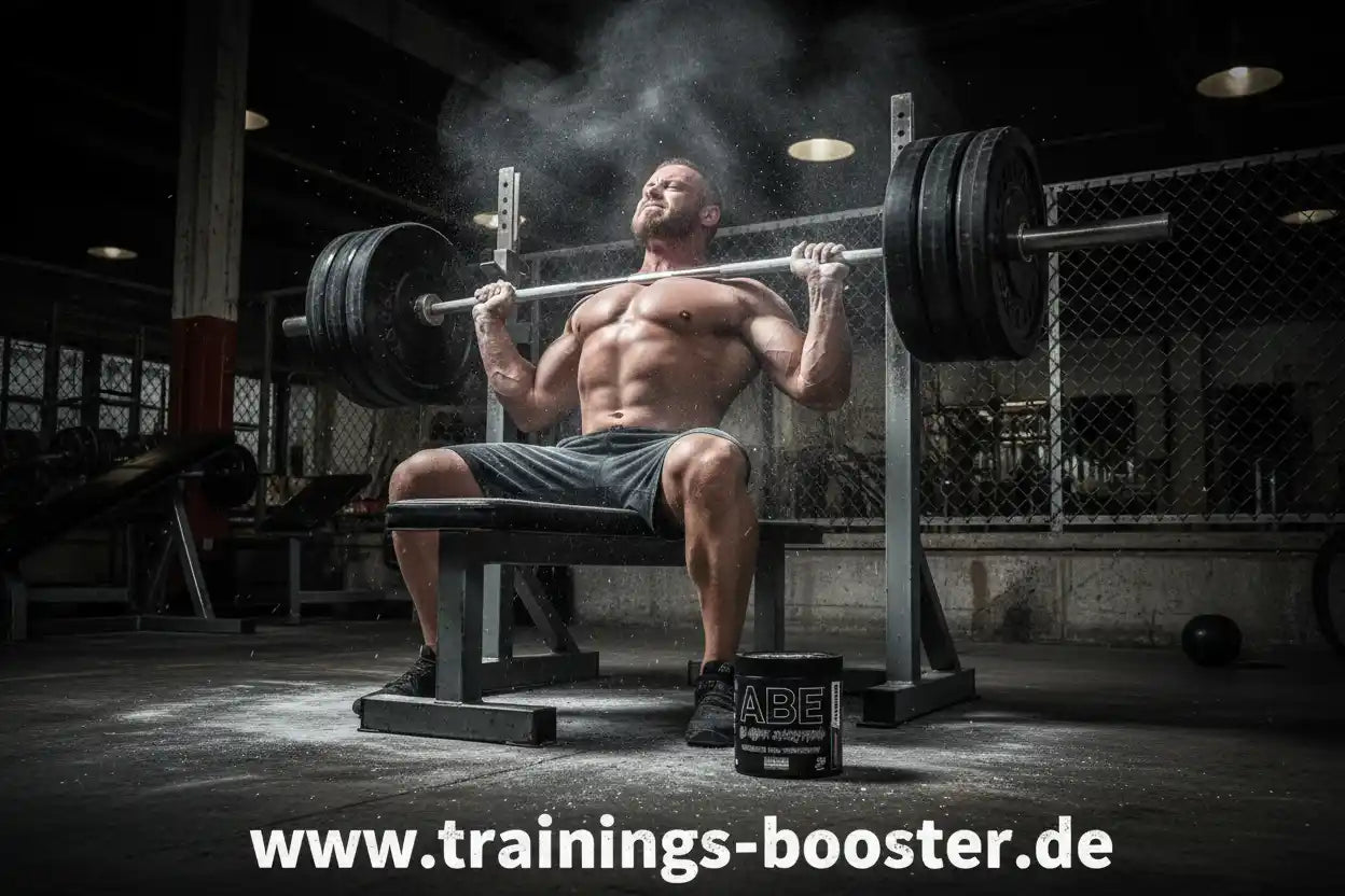 Muskulöser Mann beim Bankdrücken mit Gewichten im Fitnessstudio
