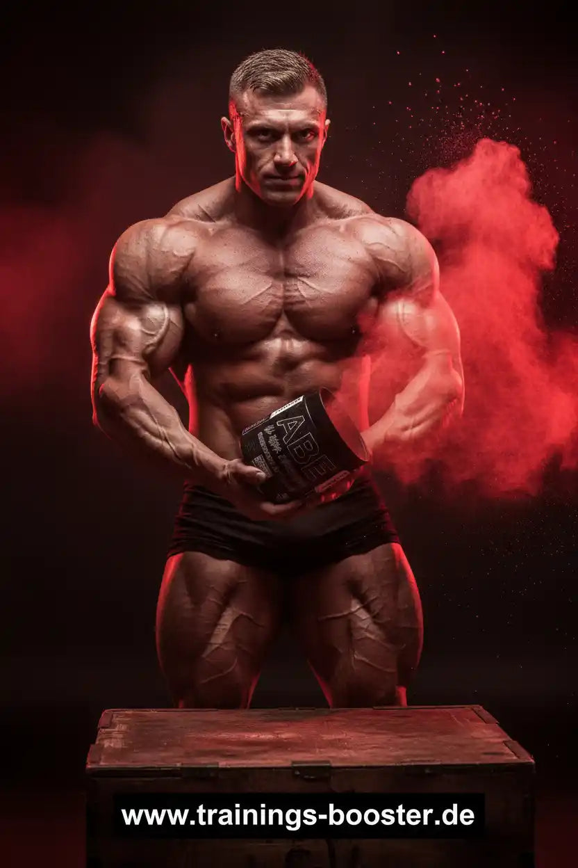 Muskulöser Athlet mit Sportnahrung und rotem Rauch, ideal für Fitness und Training