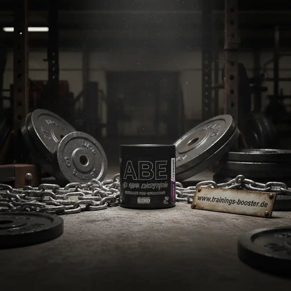 ABE Pre-Workout Booster in schwarzem Behälter mit Ketten und Gewichten im Fitnessstudio