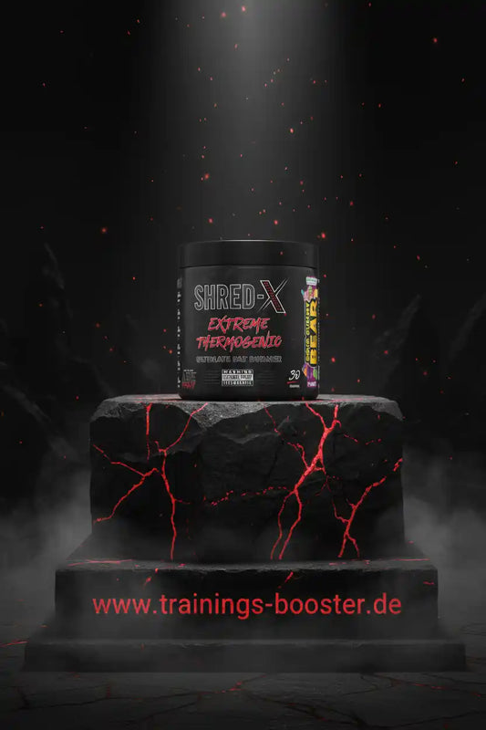 SHRED-X Extreme Thermogenic Fatburner auf lavaartigem Podest, ideal für Fitness & Training