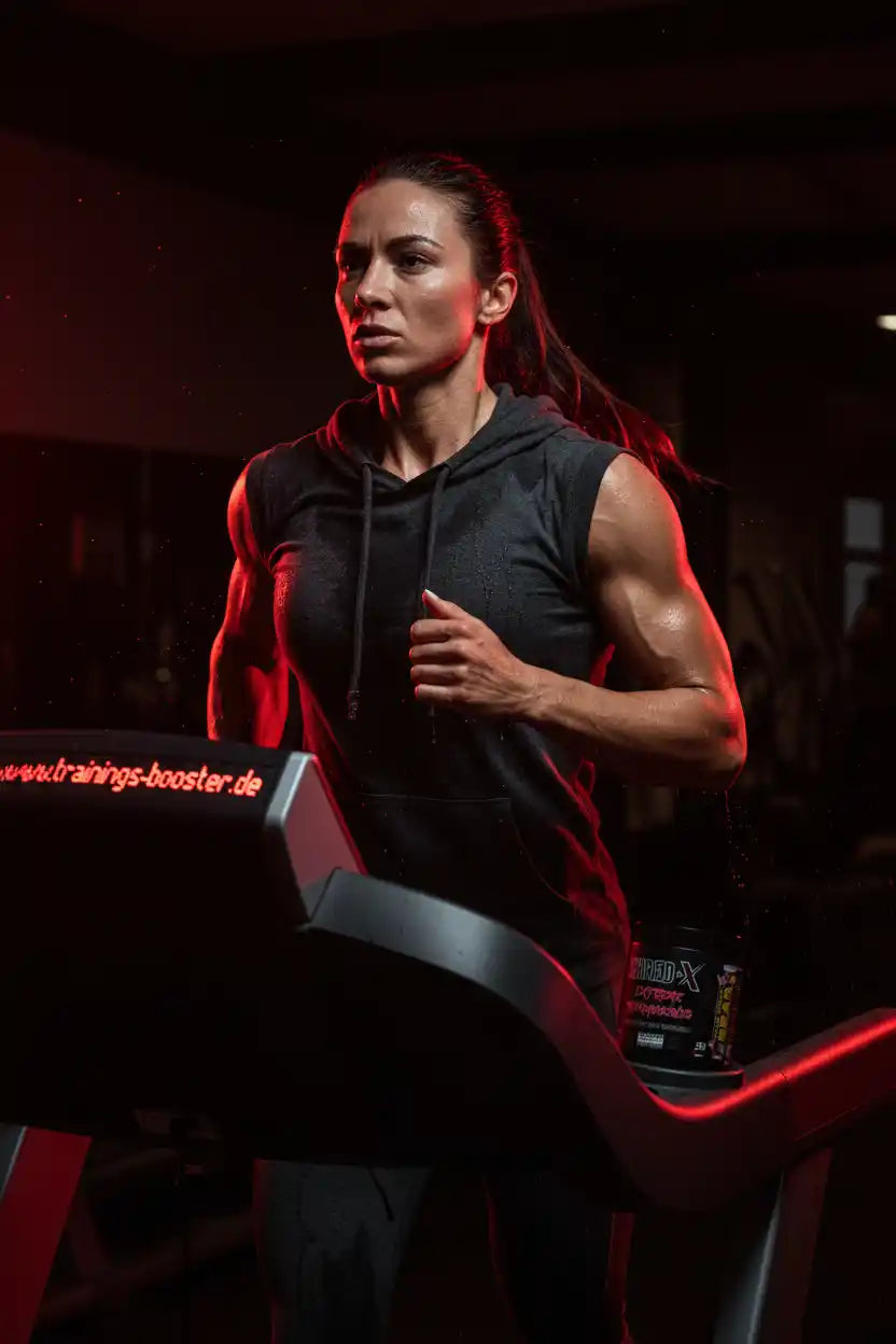 Frau trainiert auf Laufband mit Sportnahrung, Fitness-Booster für intensives Training