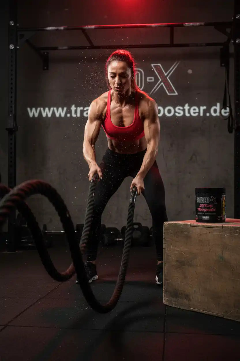 Frau trainiert mit Battle Ropes im Fitnessstudio – Booster & Sportnahrung für maximale Leistung
