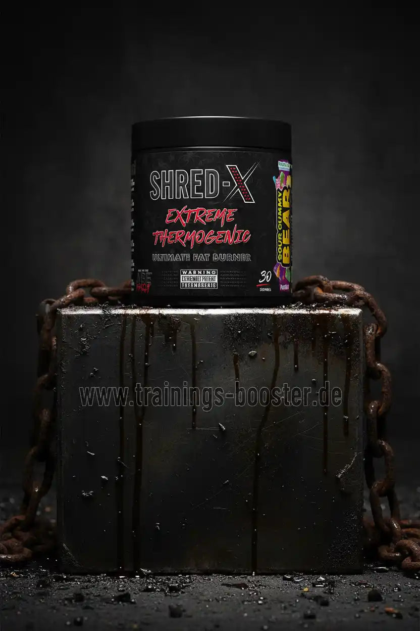SHRED-X Extreme Thermogenic Fatburner Dose auf Metallblock mit Kette, Sour Gummy Bear Geschmack