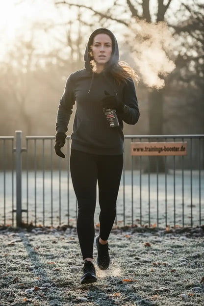 Frau joggt im Winter mit Sportnahrung, Frost im Park, ideal für Training & Booster