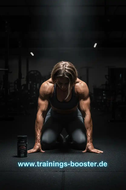 Muskulöse Frau im Fitnessstudio mit Booster-Dose, ideal für Training und Muskelaufbau