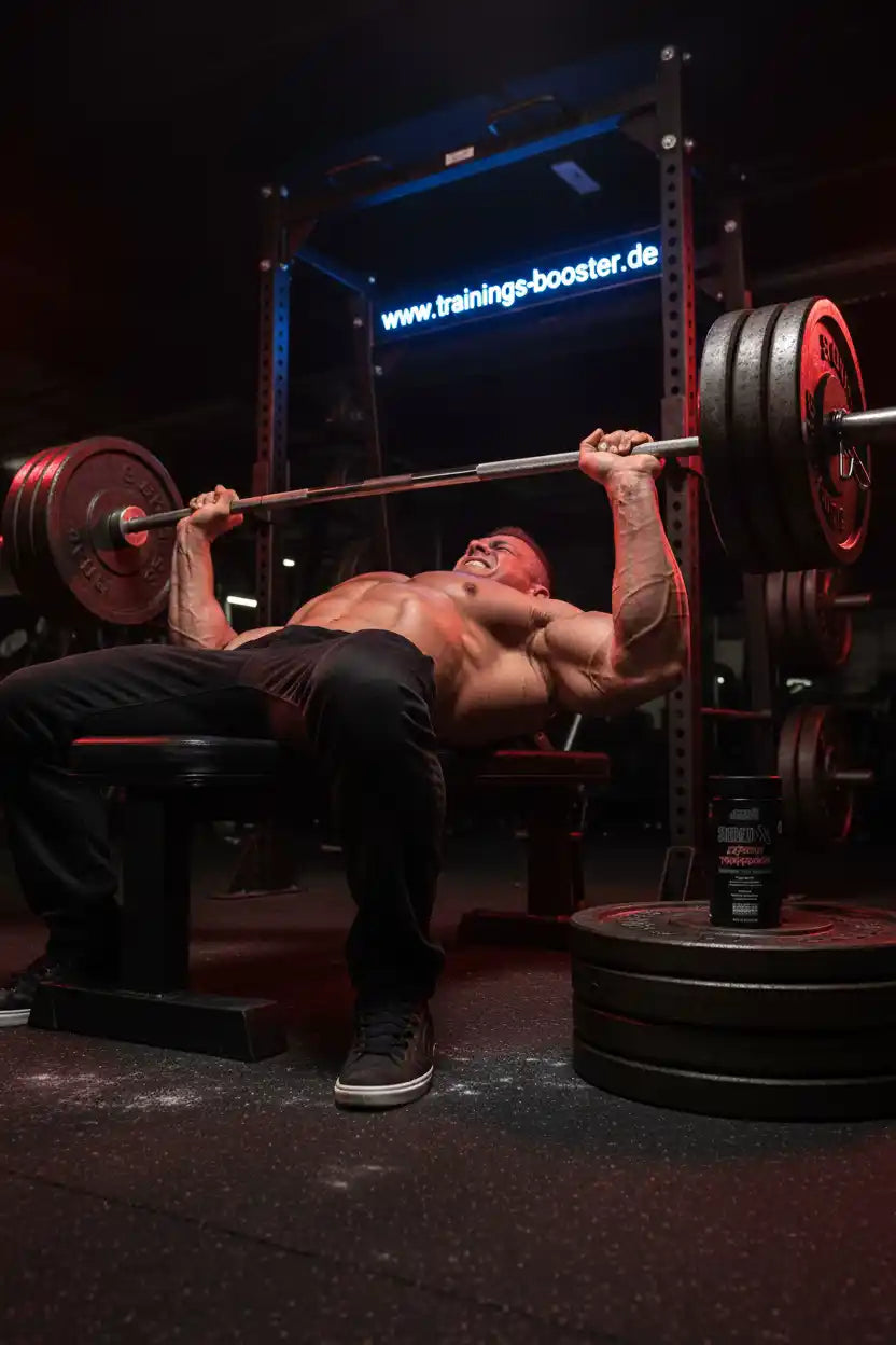Muskulöser Mann beim Bankdrücken mit Hantel im Fitnessstudio, neben Nahrungsergänzungsmittel