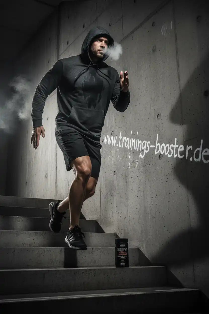 Mann im Trainingsoutfit steigt Treppen hoch, neben Fatburner-Dose, ideal für Sport & Fitness Booster