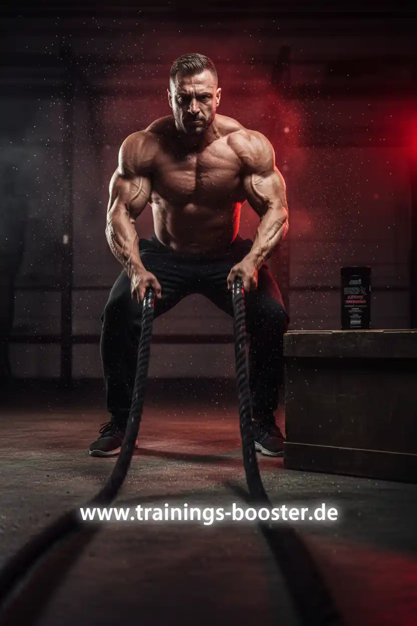 Muskulöser Athlet mit Battle Ropes im Fitnessstudio, neben Nahrungsergänzungsmittel-Dose