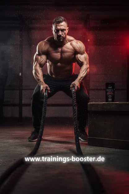 Muskulöser Athlet mit Battle Ropes im Fitnessstudio, neben Nahrungsergänzungsmittel-Dose