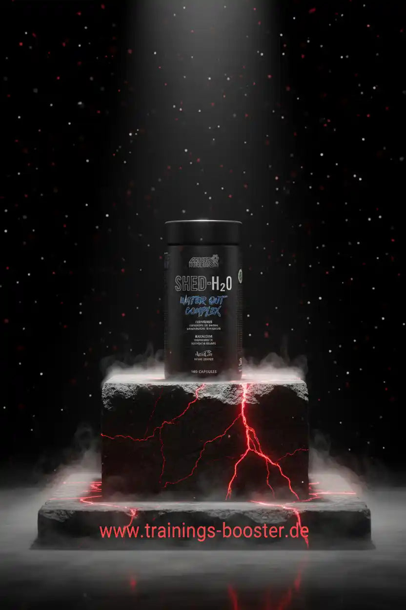 SHED-H2O Water Out Complex Fatburner in dramatischer Präsentation mit roten Blitzen und Nebel