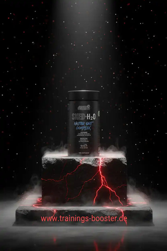 SHED-H2O Water Out Complex Fatburner in dramatischer Präsentation mit roten Blitzen und Nebel