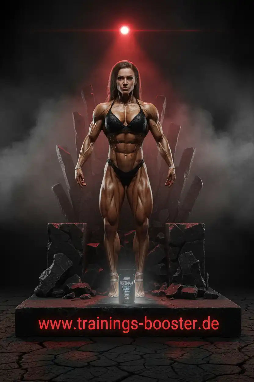 Muskulöse Frau mit definierten Muskeln vor rotem Licht, ideal für Fitness-Booster und Sportnahrung