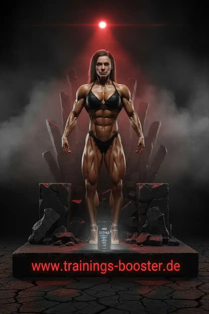 Muskulöse Frau mit definierten Muskeln vor rotem Licht, ideal für Fitness-Booster und Sportnahrung