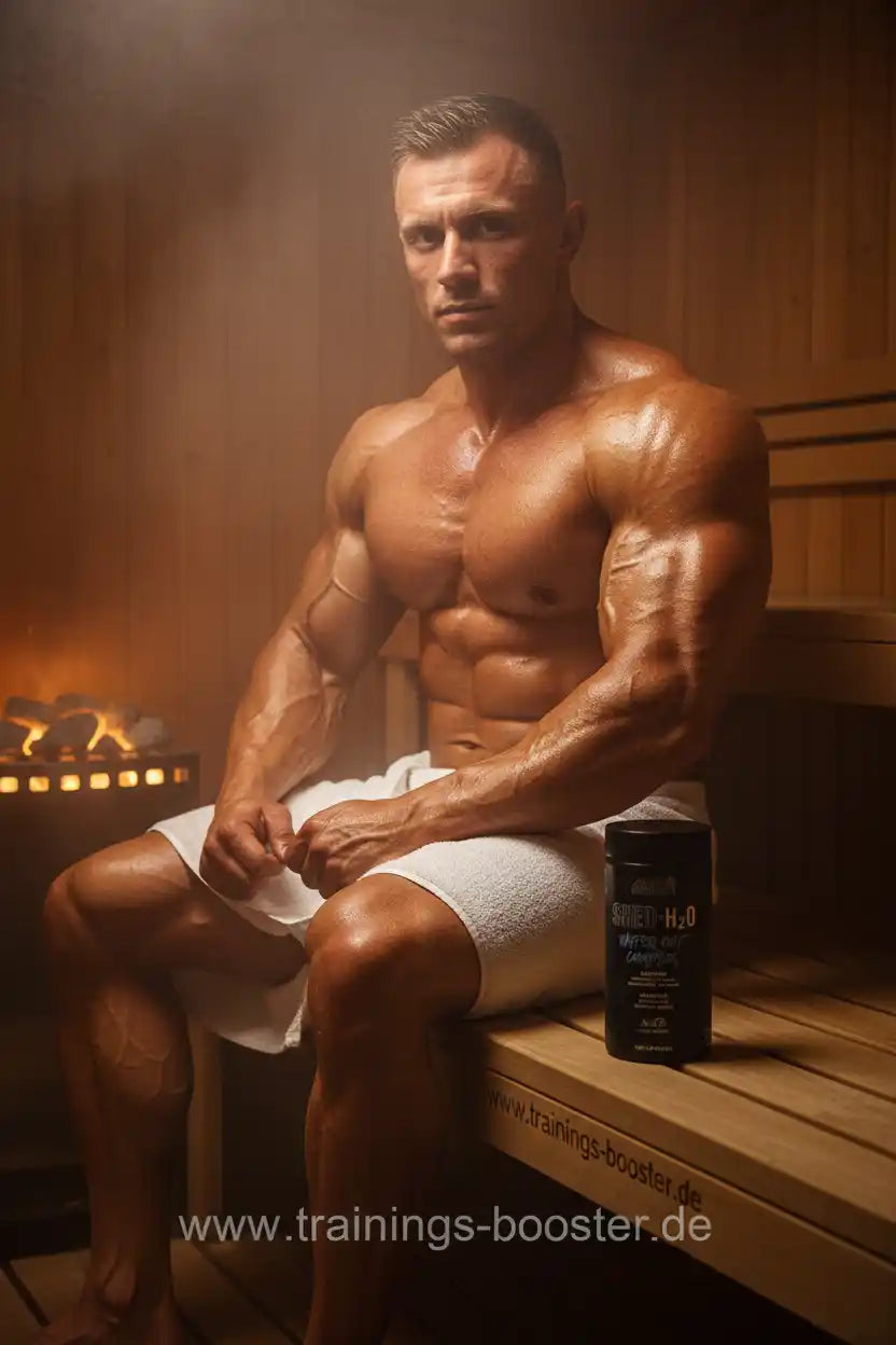 Muskulöser Mann in Sauna mit SHED-H2O Fatburner, ideal für Fitness und Training