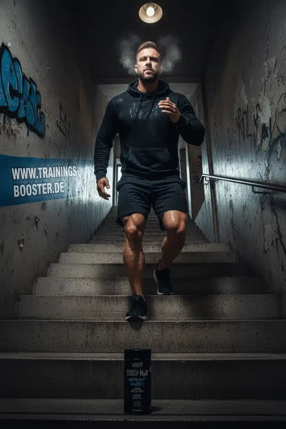 Muskulöser Athlet steigt Treppen hoch, neben ihm Booster-Produkt – ideal für Training & Fitness