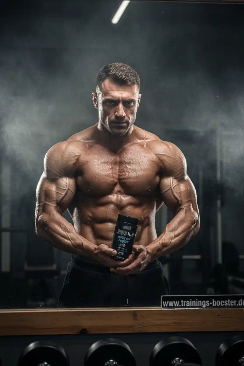 Muskulöser Bodybuilder mit Nahrungsergänzungsmittel im Fitnessstudio, ideal für Training & Muskelaufbau