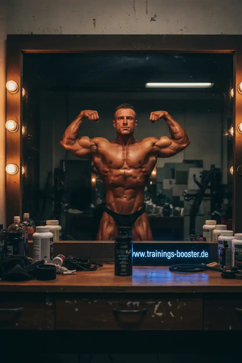 Muskulöser Bodybuilder posiert im Spiegel vor Trainingsbooster-Produkten, ideal für Fitness und Muskelaufbau.