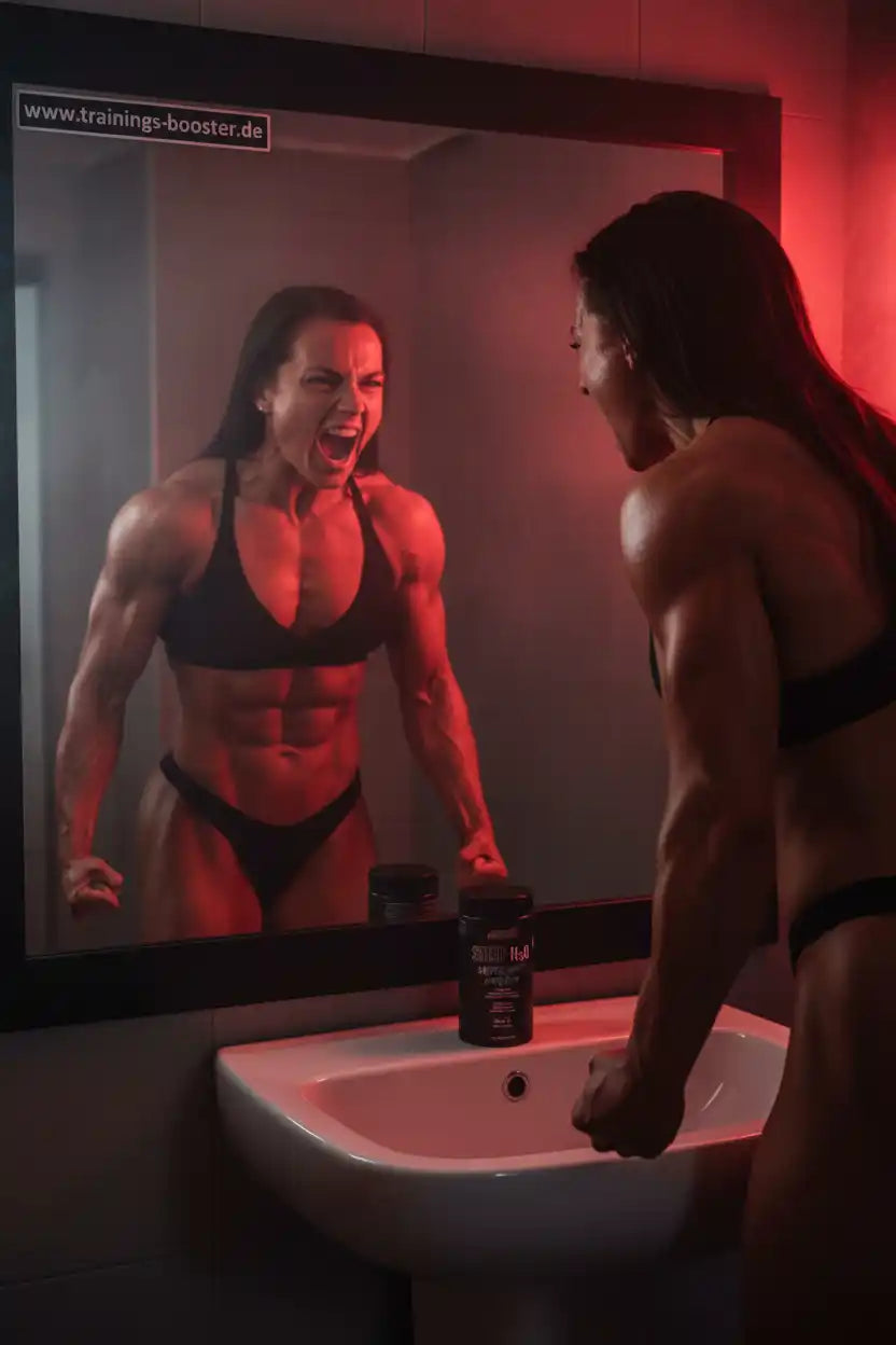 Muskulöse Frau im Spiegel mit Sportnahrung, rotes Licht, Fitness-Motivation