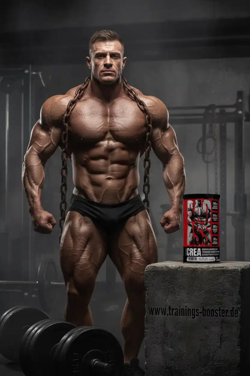 Muskulöser Bodybuilder mit Kette im Fitnessstudio neben Kreatin-Booster-Dose