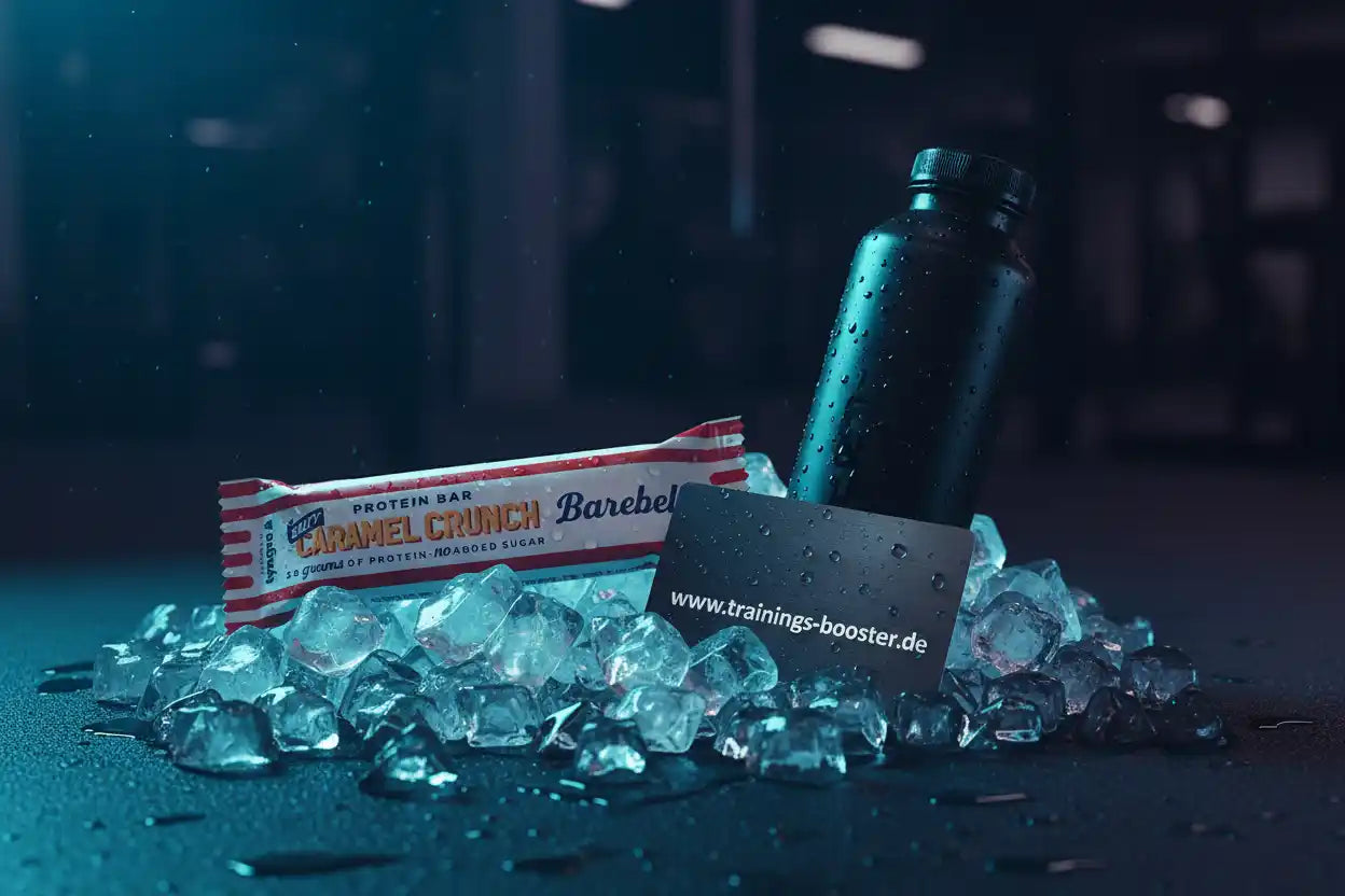 Barebells Protein Bar Caramel Crunch mit Trinkflasche auf Eiswürfeln – ideal für Sport & Training