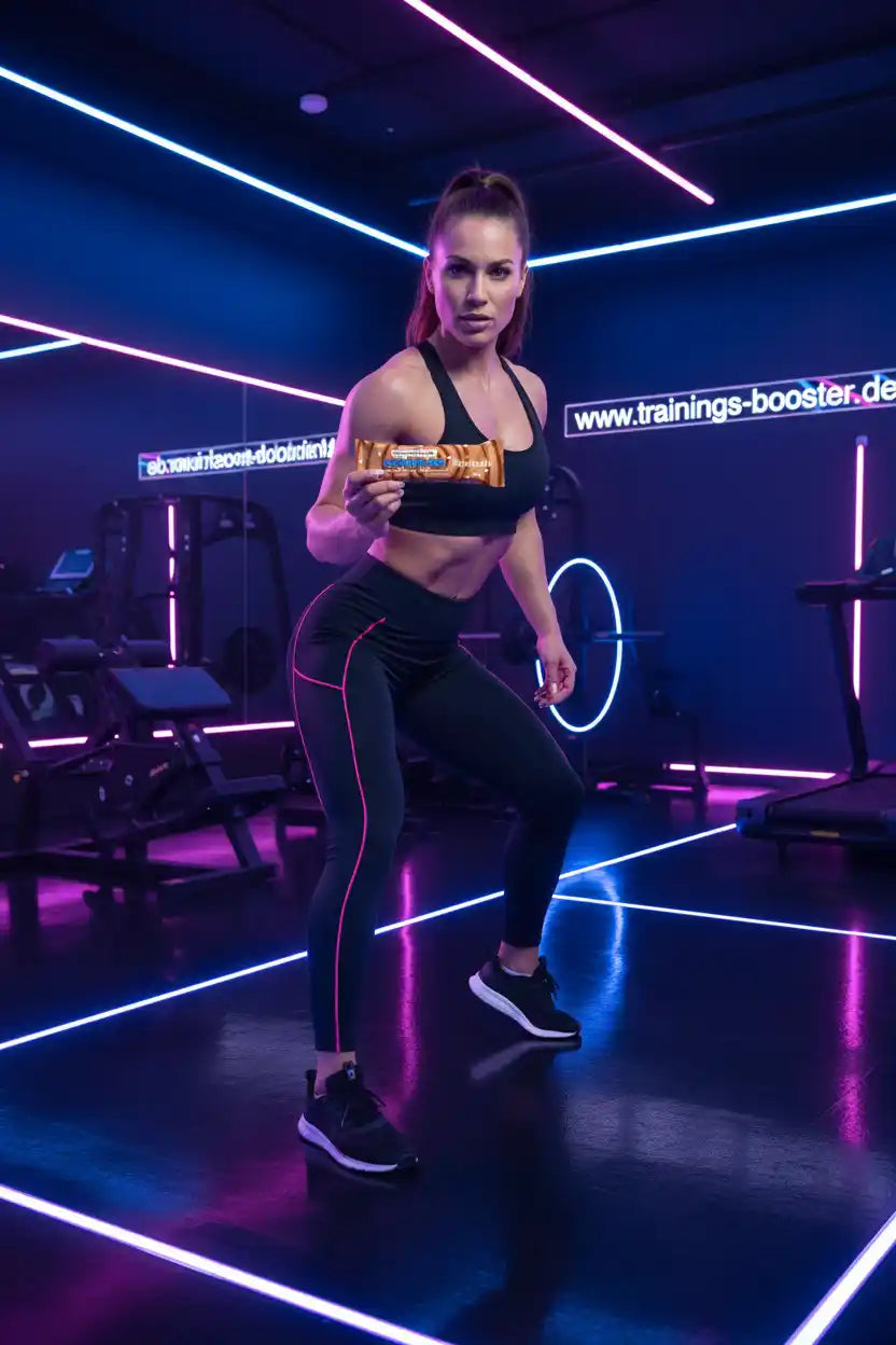 Frau im Fitnessstudio mit Proteinriegel, Sportnahrung für Training und Muskelaufbau