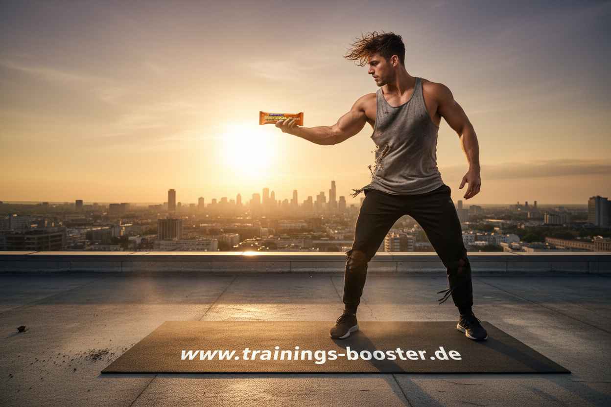 Muskulöser Mann mit Energie-Riegel auf Dach bei Sonnenuntergang, Sportnahrung für Training