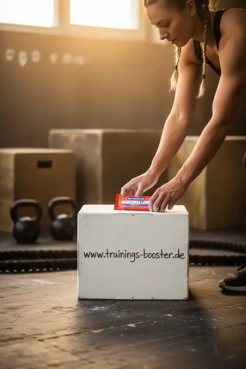 Frau legt Energie-Riegel auf Box im Fitnessstudio – ideal für Training & Sportnahrung