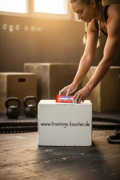 Frau legt Energie-Riegel auf Box im Fitnessstudio – ideal für Training & Sportnahrung