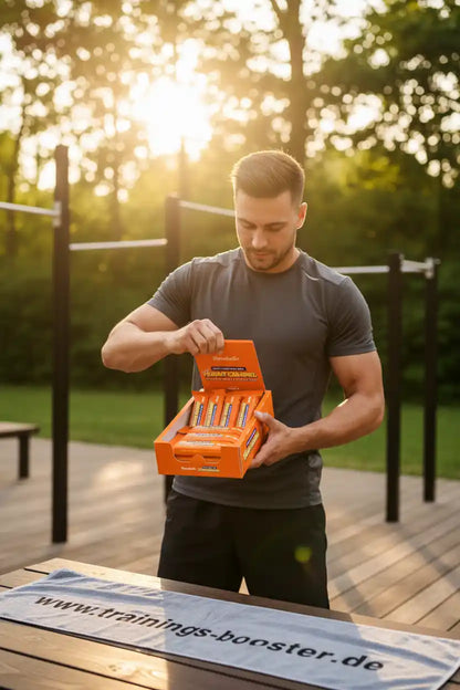 Muskulöser Mann mit orange Box Nahrungsergänzungsmittel im Freien, Sonnenuntergang, Fitness-Training