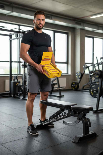 Muskulöser Mann mit Nahrungsergänzungsmittel-Box im Fitnessstudio, ideal für Sport und Training