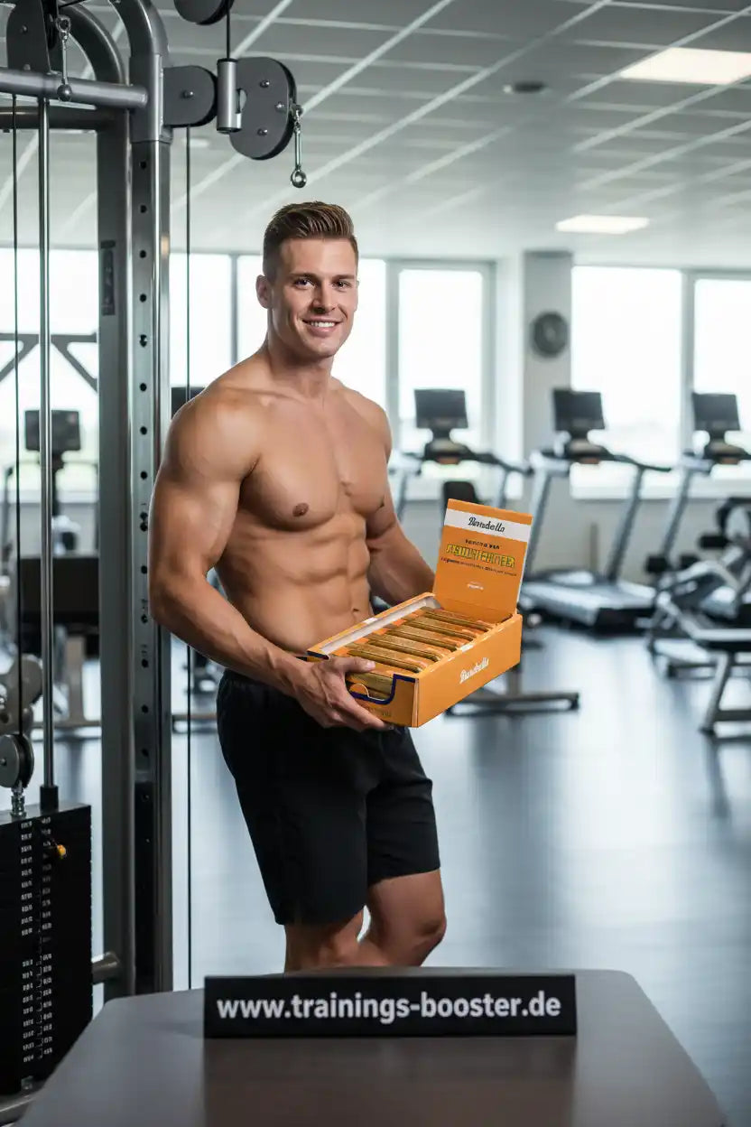 Muskulöser Mann im Fitnessstudio mit Fatburner-Box, ideal für Training und Muskelaufbau