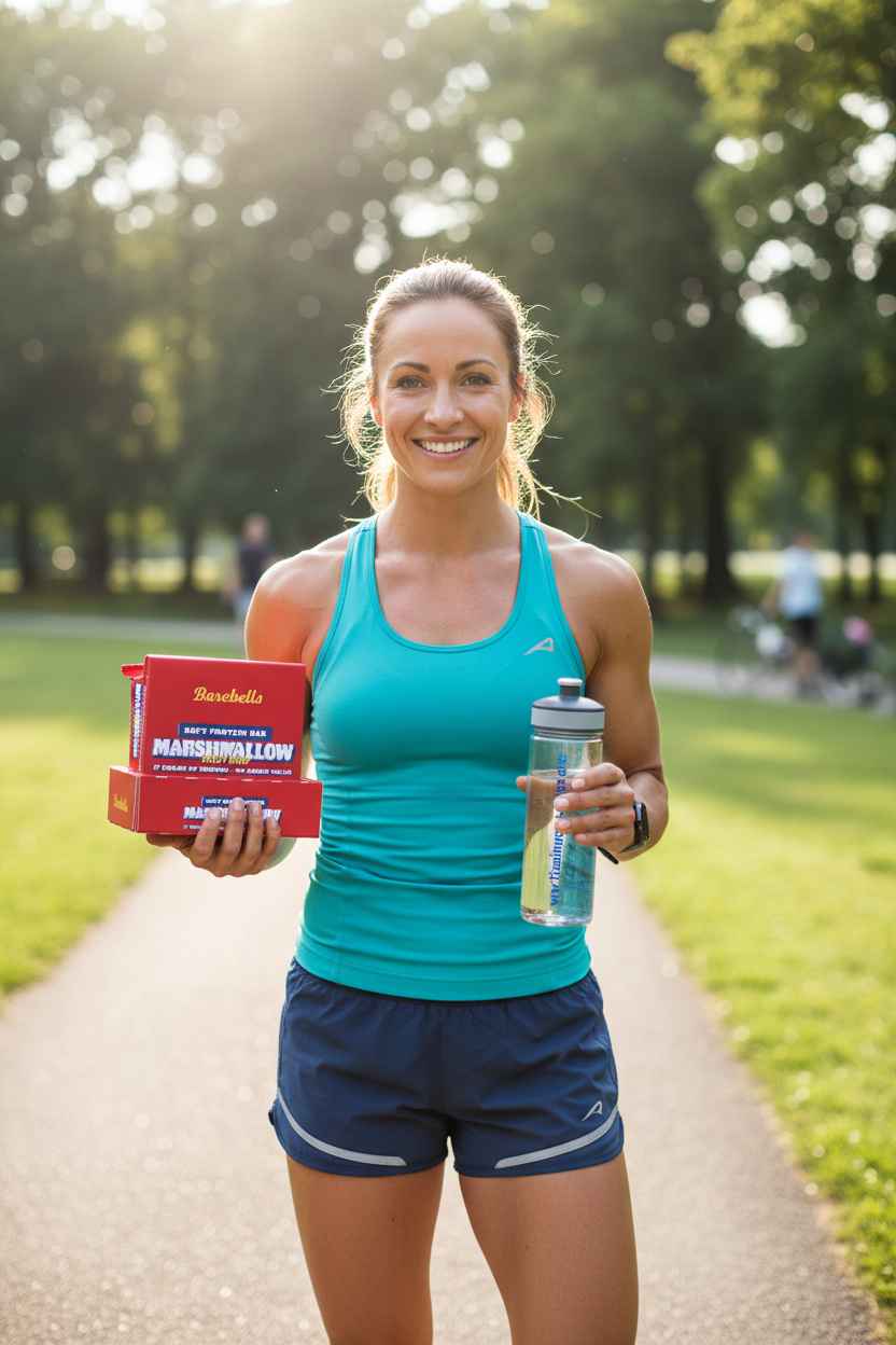 Frau mit Proteinriegeln und Trinkflasche im Park – ideal für Sport & Fitness