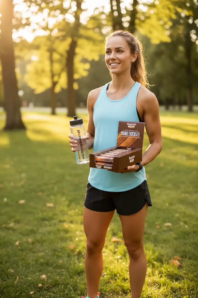 Frau mit Sportnahrung und Trinkflasche im Park, ideal für Training und Fitness