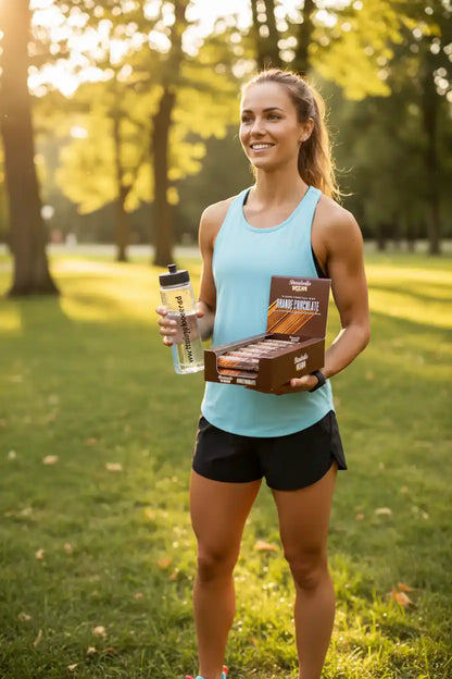 Frau mit Sportnahrung und Trinkflasche im Park, ideal für Training und Fitness