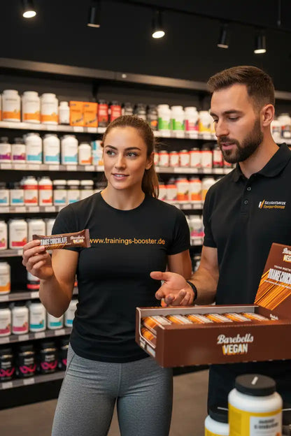 Veganer Proteinriegel Orange Schokolade in Sportnahrungsladen, Beratung durch Mitarbeiter