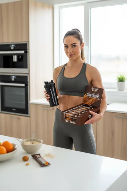 Frau mit Proteinriegeln Orange Schokolade und Shaker in der Küche – Sportnahrung & Booster