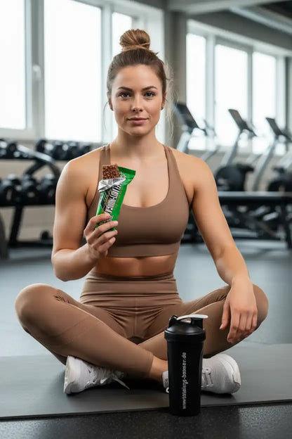 Frau im Fitnessstudio mit Proteinriegel und Shaker, ideal für Training und Muskelaufbau