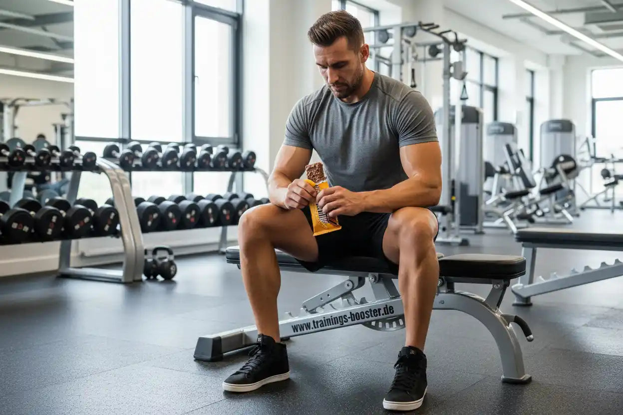 Muskulöser Mann isst Proteinriegel im Fitnessstudio, ideal für Training und Muskelaufbau