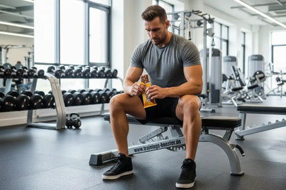 Muskulöser Mann isst Proteinriegel im Fitnessstudio, ideal für Training und Muskelaufbau