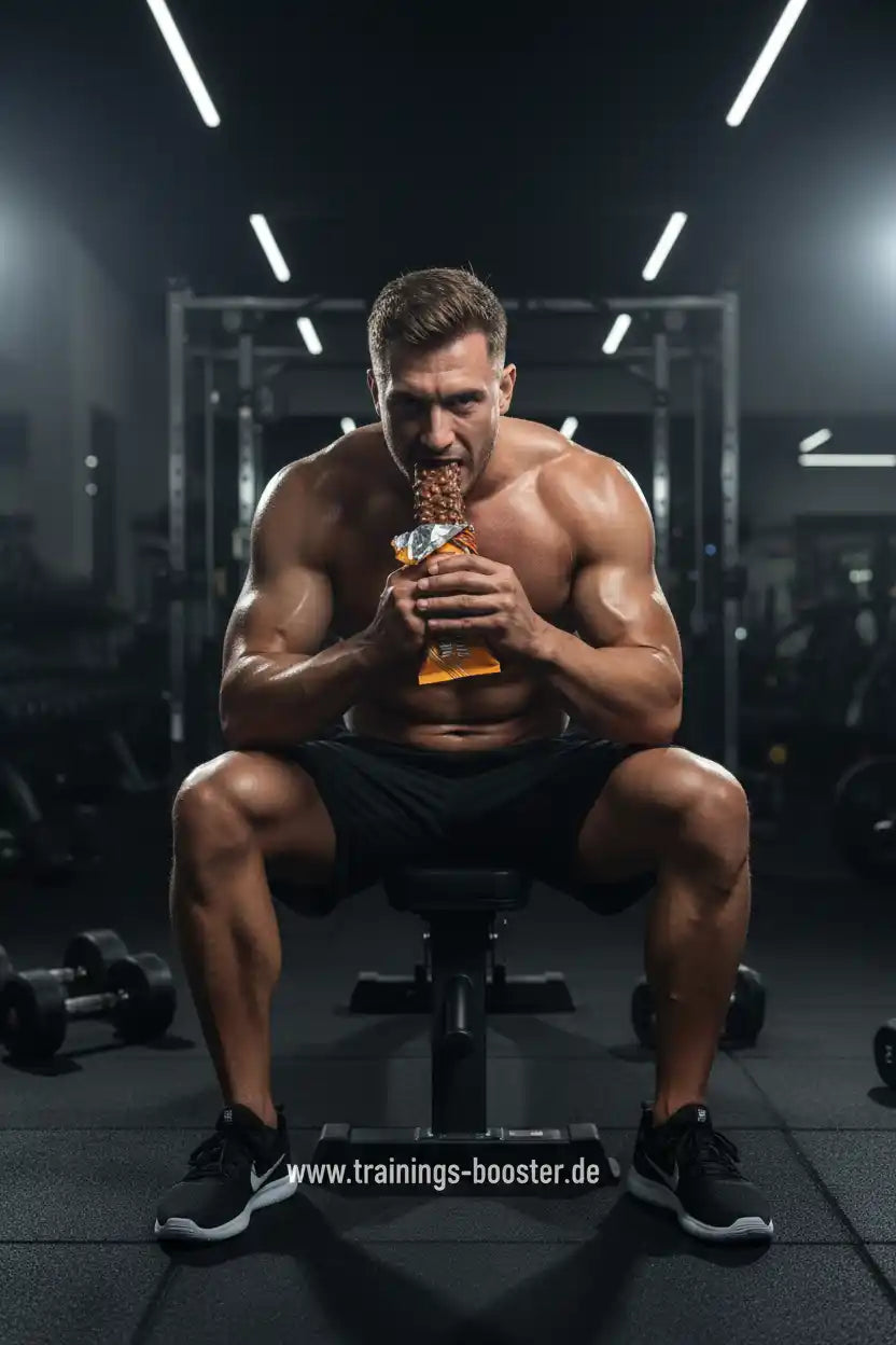 Muskulöser Mann isst Proteinriegel im Fitnessstudio – ideal für Training & Muskelaufbau