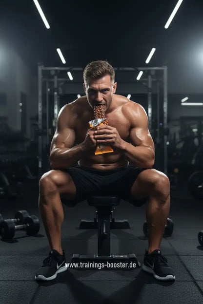 Muskulöser Mann isst Proteinriegel im Fitnessstudio – ideal für Training & Muskelaufbau