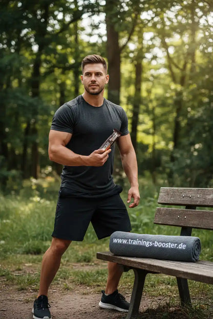 Muskulöser Mann mit Proteinriegel im Wald, Trainings-Booster.de Yogamatte auf Bank