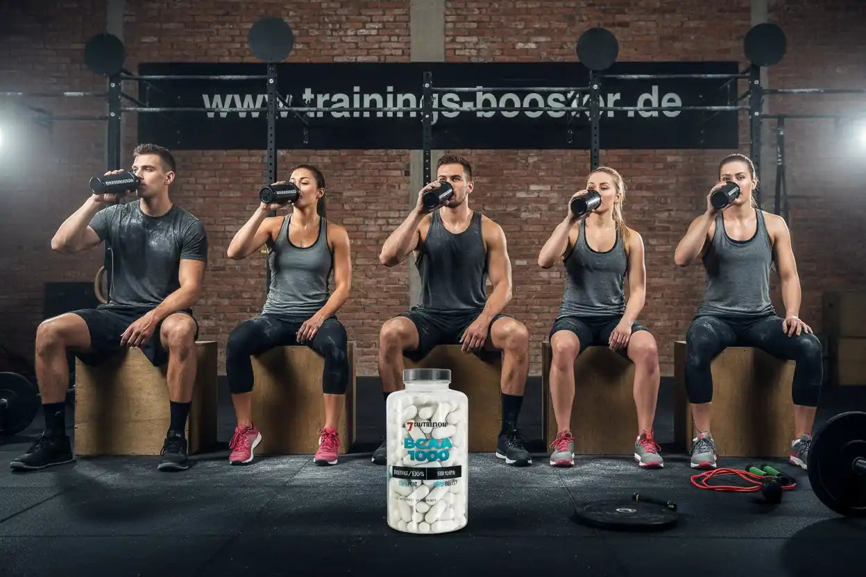 BCAA 1000 Kapseln vor Sportlern im Fitnessstudio – ideal für Muskelaufbau und Training