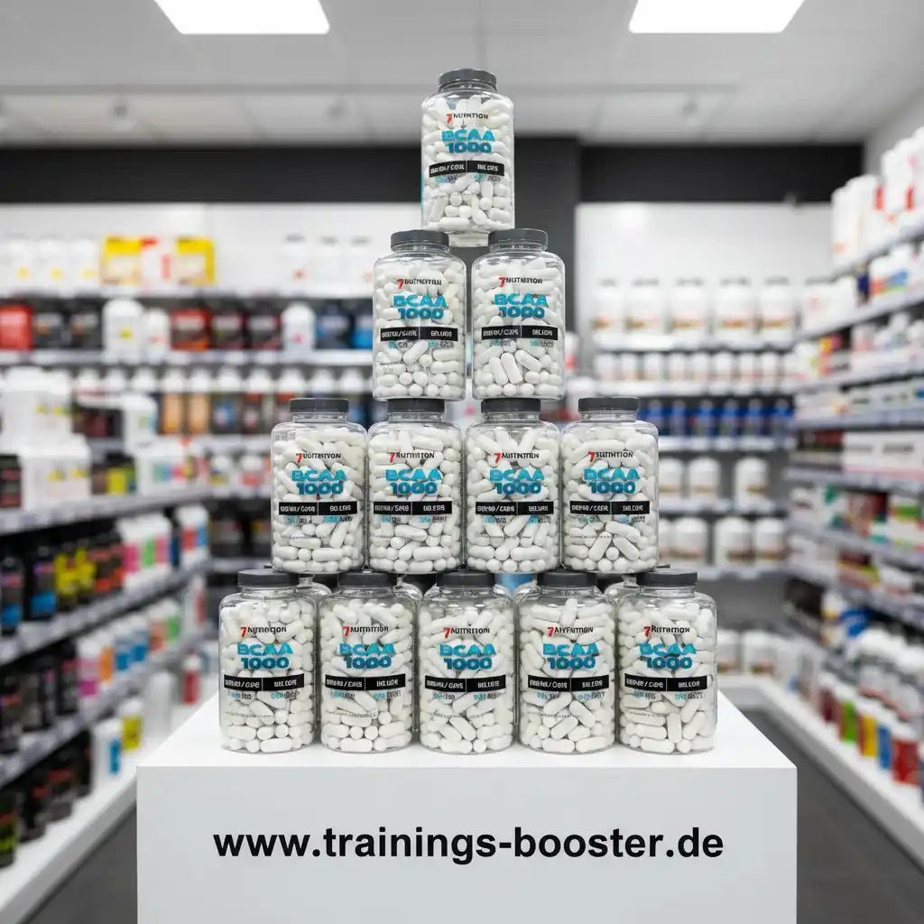 BCAA 1000 Kapseln in Pyramidenform im Sportnahrungsgeschäft, ideal für Muskelaufbau und Training