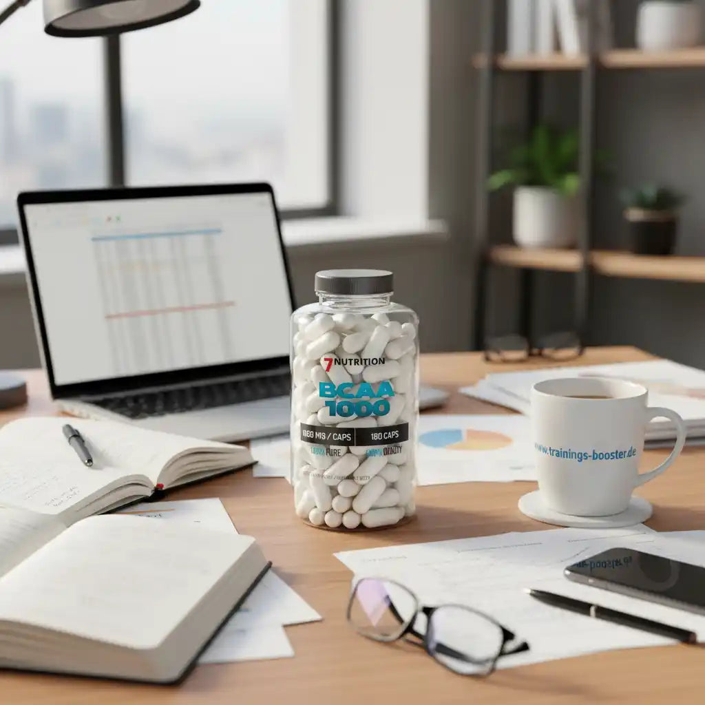 BCAA 1000 Kapseln von 7Nutrition auf Schreibtisch mit Laptop und Tasse