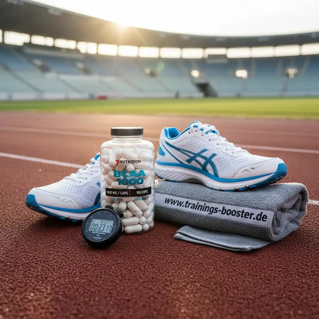 BCAA 1000 Kapseln, Laufschuhe und Stoppuhr auf Sportplatz – ideal für Training & Fitness